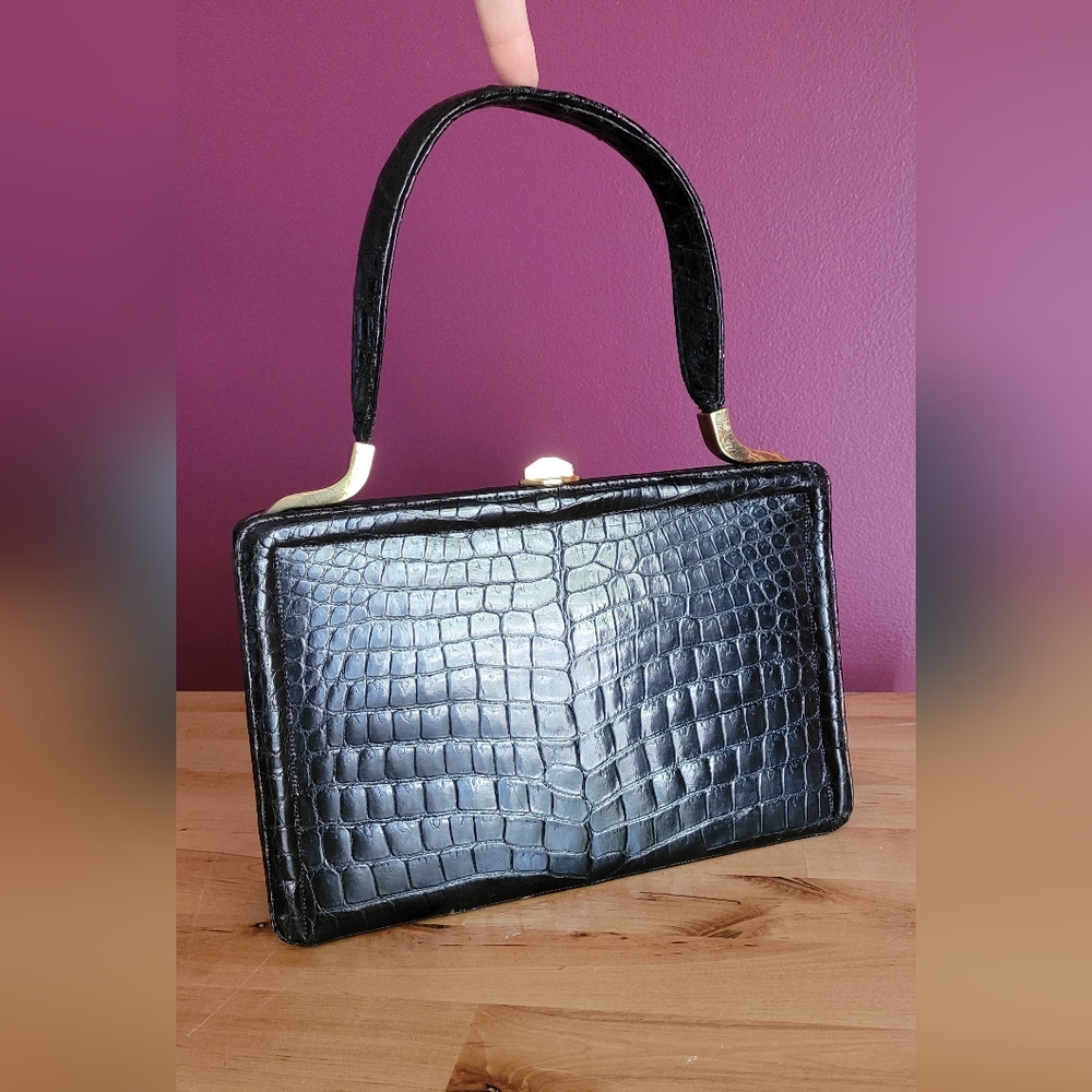 Vintage Sterling USA Black Crocodile-Embossed Handbag